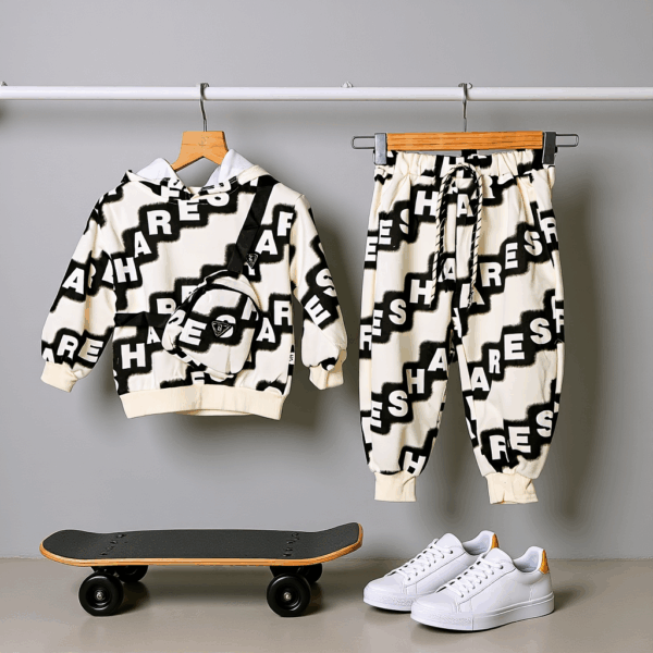 Boys White - Black Co-Ord set with cross body bag