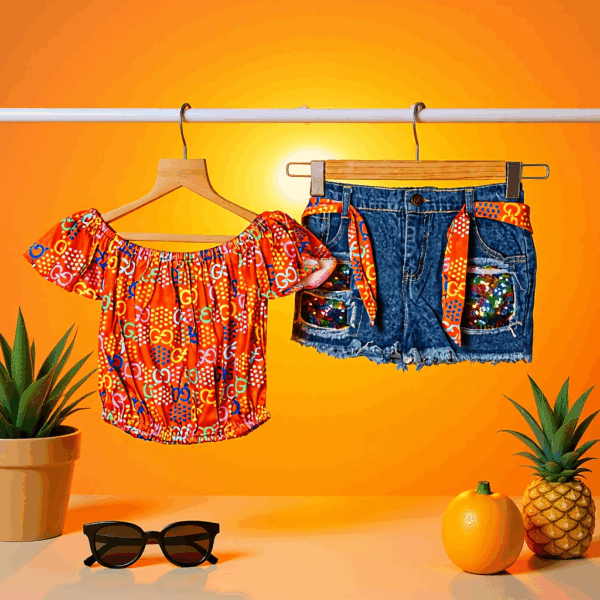 Girls Orange Top & Denim Shorts