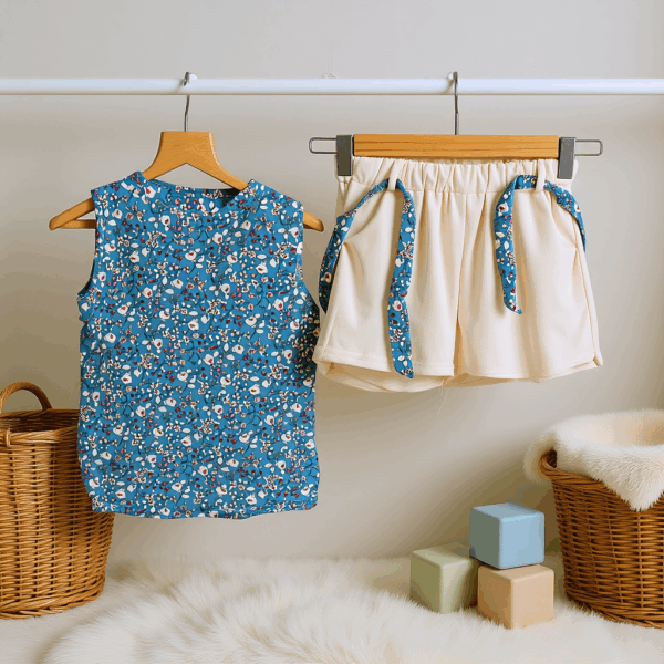 Girls sky blue Top With Cream Shorts