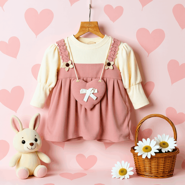Western pink Striped Dungaree dress with White top