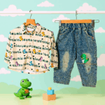 Boys Stylish Creem -Green Shirt with denim