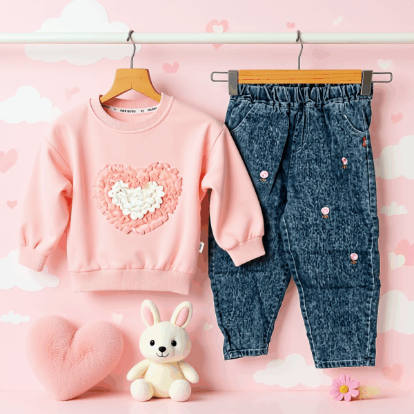 Girls Pink Heart Top With Denim trouser