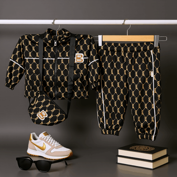Boys black co-ord set with trendy crossbody bag