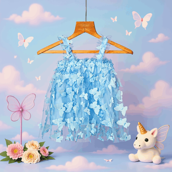 Girls Sky Blue Butterfly Frill Dress