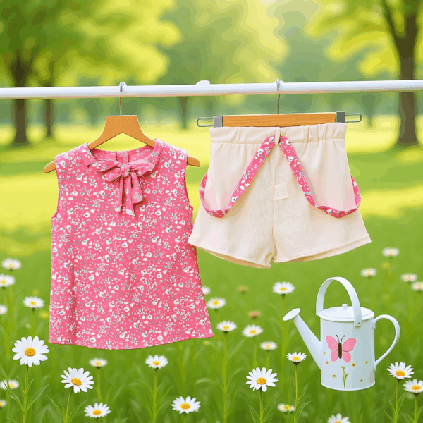 Girls Pink Top With Cream Shorts