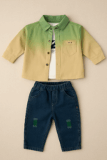Boys Green White Shaded Jacket with T-shirt with Denim