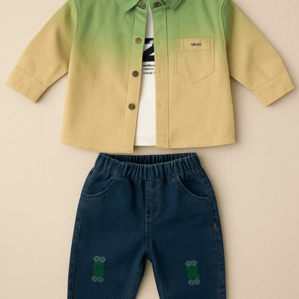 Boys Green White Shaded Jacket with T-shirt with Denim