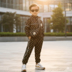 Boys black co-ord set with trendy crossbody bag