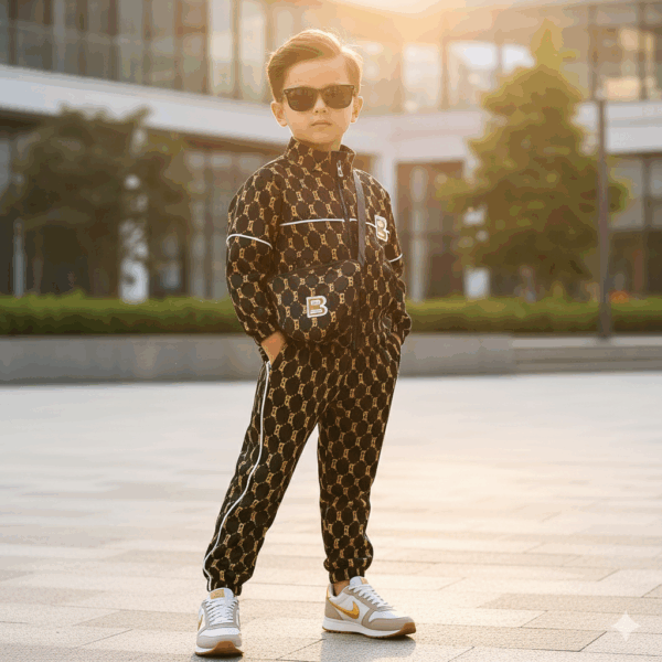 Boys black co-ord set with trendy crossbody bag