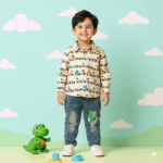 Boys Stylish Creem -Green Shirt with denim