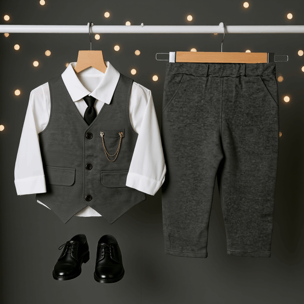 Boys Gray 3 Piece Partywear Suit with Tie | Kids Outfit