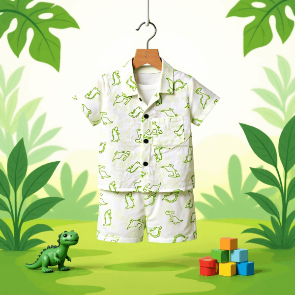 Boys Green Printed 3 Piece Set | T-shirt, Shorts & Shirt