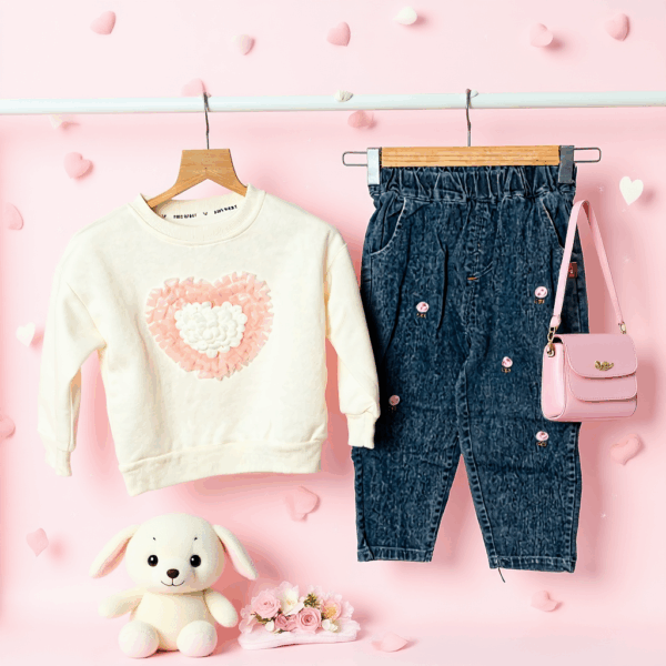 Girls Pink Heart Top With Denim trouser