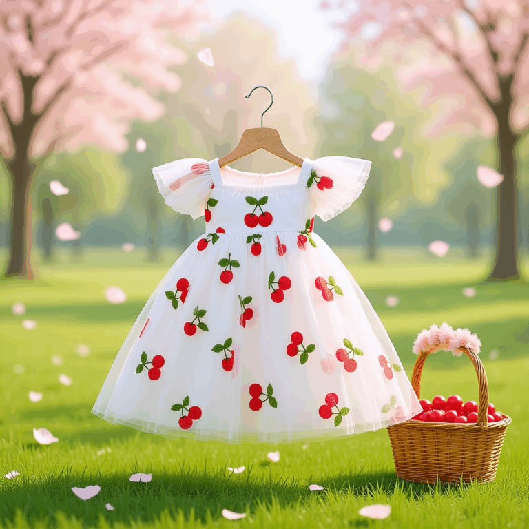 Cherry-patterned dress in spring setting