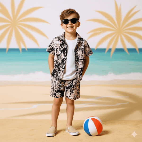 Boys brown black Printed 3 Piece Set | T-shirt, Shorts & Shirt