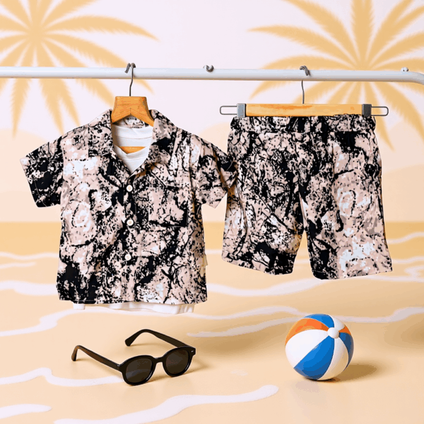 Boys brown black Printed 3 Piece Set | T-shirt, Shorts & Shirt