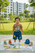 Cozy Brown T-Shirt & Bear Patch Denim Shorts Outfit | boys denim shorts set