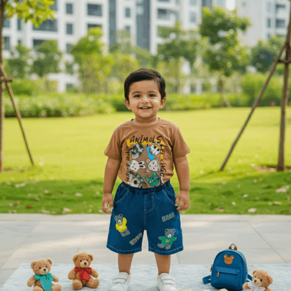 Cozy Brown T-Shirt & Bear Patch Denim Shorts Outfit | boys denim shorts set