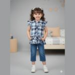 Girls Checked Top with Denim Pants Set
