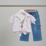 Girls Striped Shirt & Denim Cargo Pant Set - Image 4