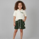 Girls Textured Polo Top & Utility Shorts Set