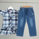 Girls Checked Top with Denim Pants Set - Image 4