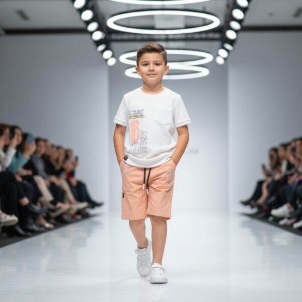 Premium Kids Summer Shorts Set – White Graphic Tee & Peach Shorts